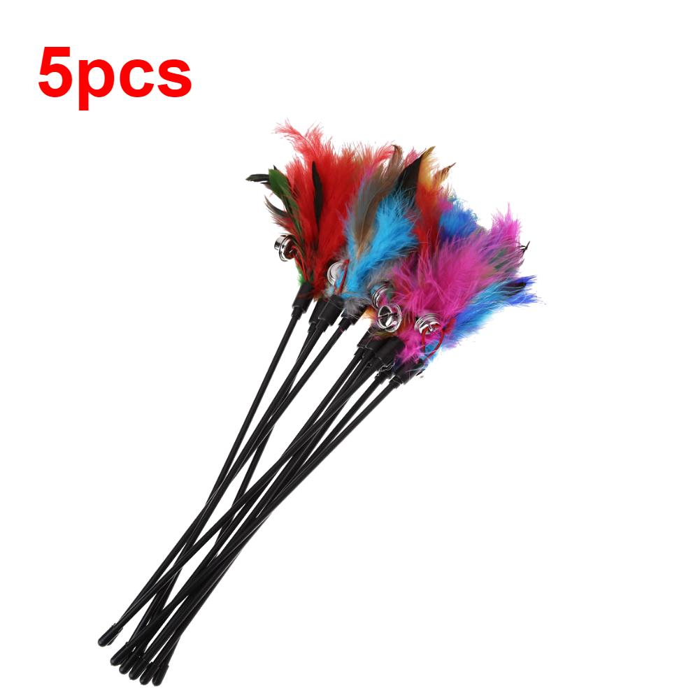 5pcs-15pcs Cat Toys Feather Wand Kitten Cat Teaser Turkey Feather Interactive Stick Toy Wire Chaser Wand Toy Random Color