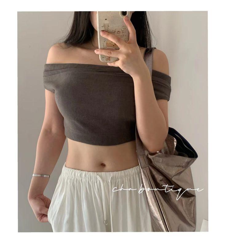 

Za * Pure Yuan Gray Suit Linen off-Shoulder Collar Cropped T-shirt Gray Gray L