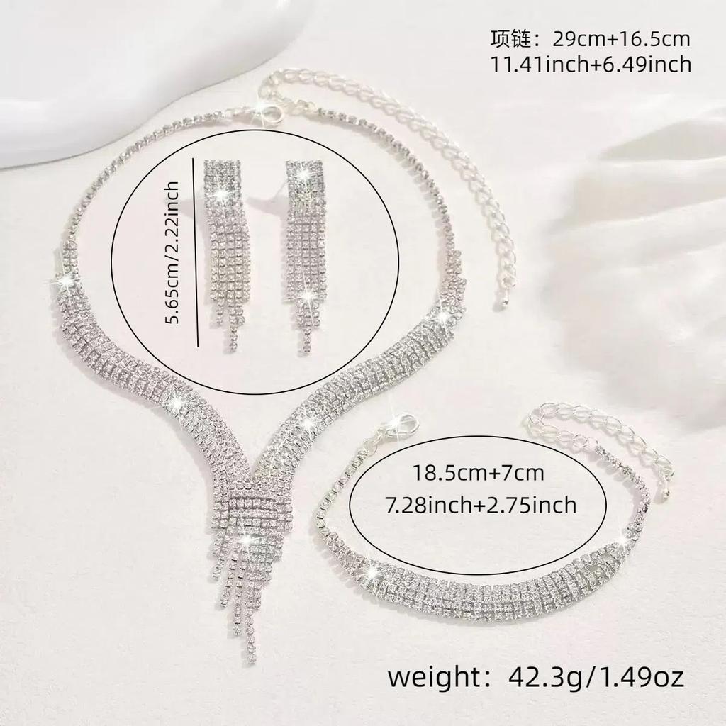 Fashion Rhinestone 3 - Piece Set Necklace Earrings Bracelet Cubic Zirconia Fringe Jewelry Set for Women