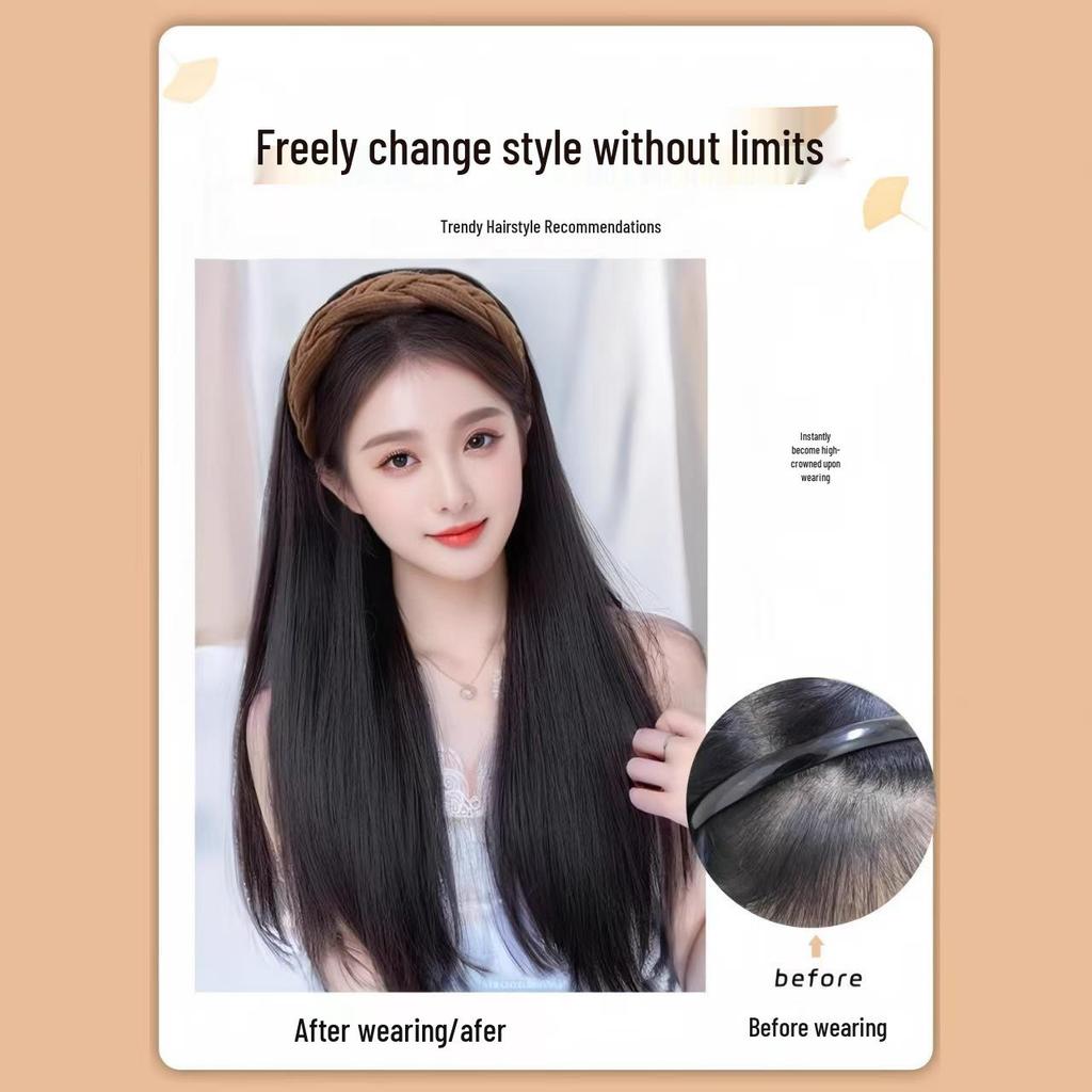 Women's Black Long Straight Headband Wig with Natural Volume, Korean Style.