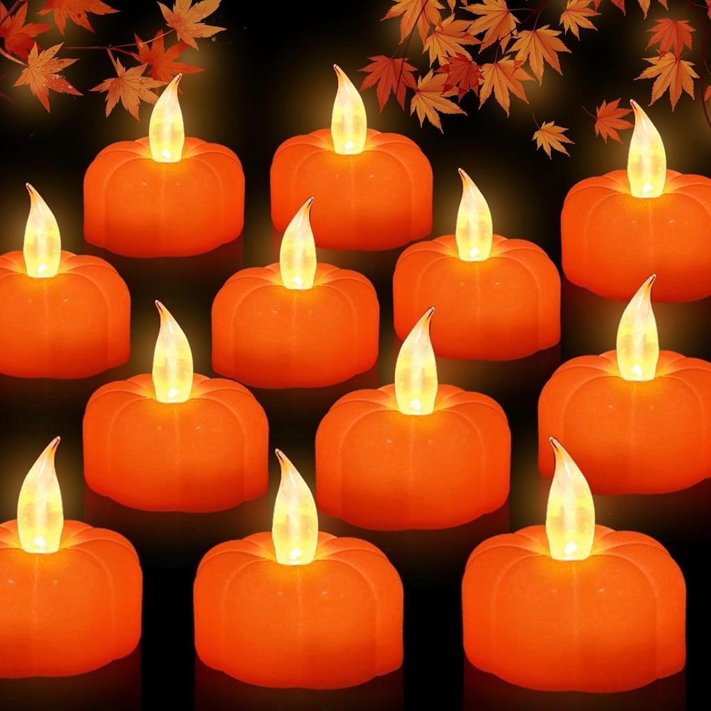 Fall Decorations for Home Halloween Pumpkin Tea Lights, 12 Pack LED Orange Pumpkin Lights Flame Less Candles Battery Operated Flickering Tealights