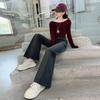 2025 New Korean Style Fleece Flared Pants for Girls - Autumn/Winter Elastic Straight-Leg for Middle School Students