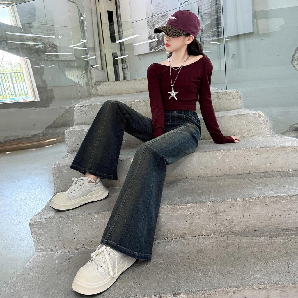 2025 New Korean Style Fleece Flared Pants for Girls - Autumn/Winter Elastic Straight-Leg for Middle School Students