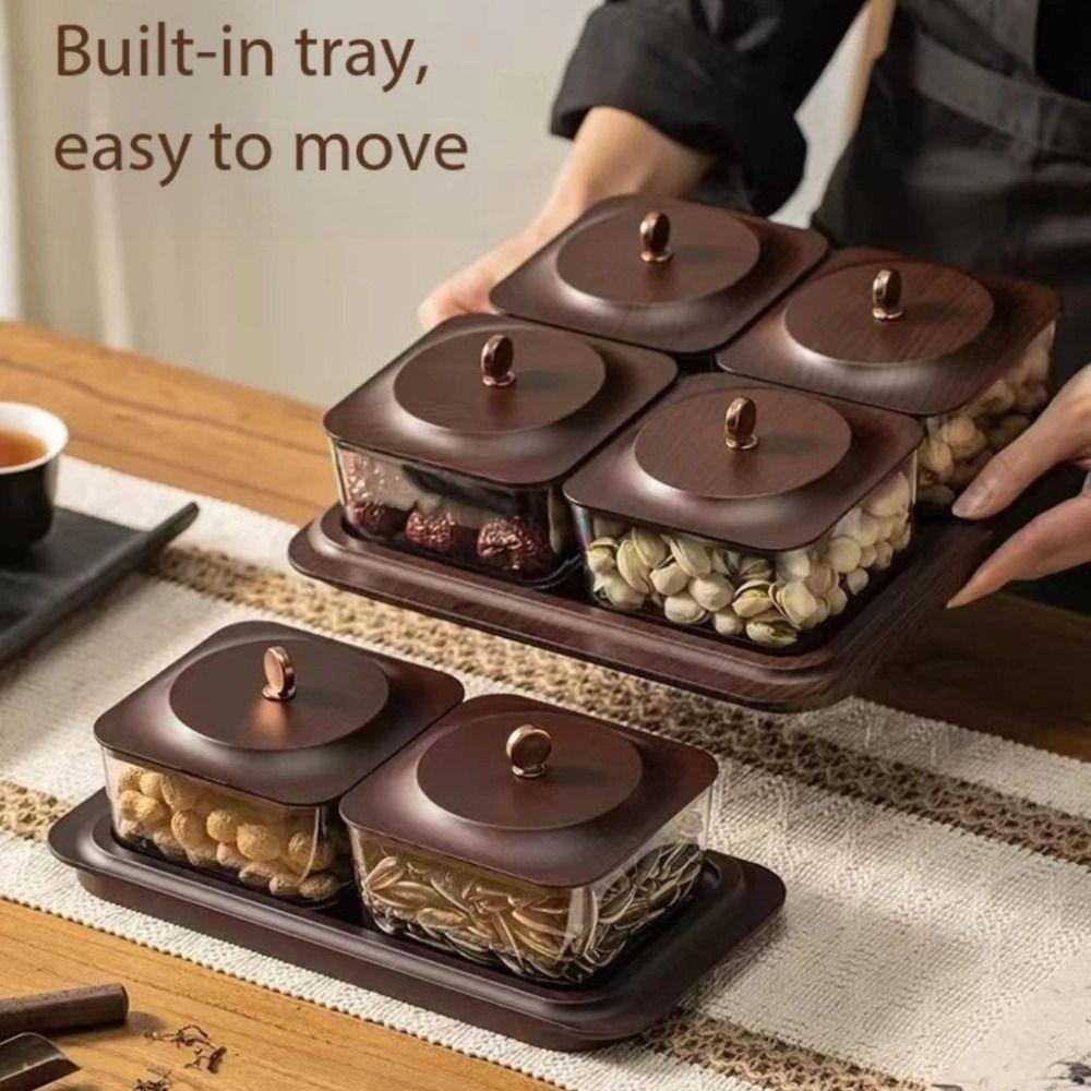 Wood Grain Snack Storage Box with Tray & Lid 2/4 Jars Coffee Table Dessert Plate Square Dustproof Nuts Candy Fruits Organizer
