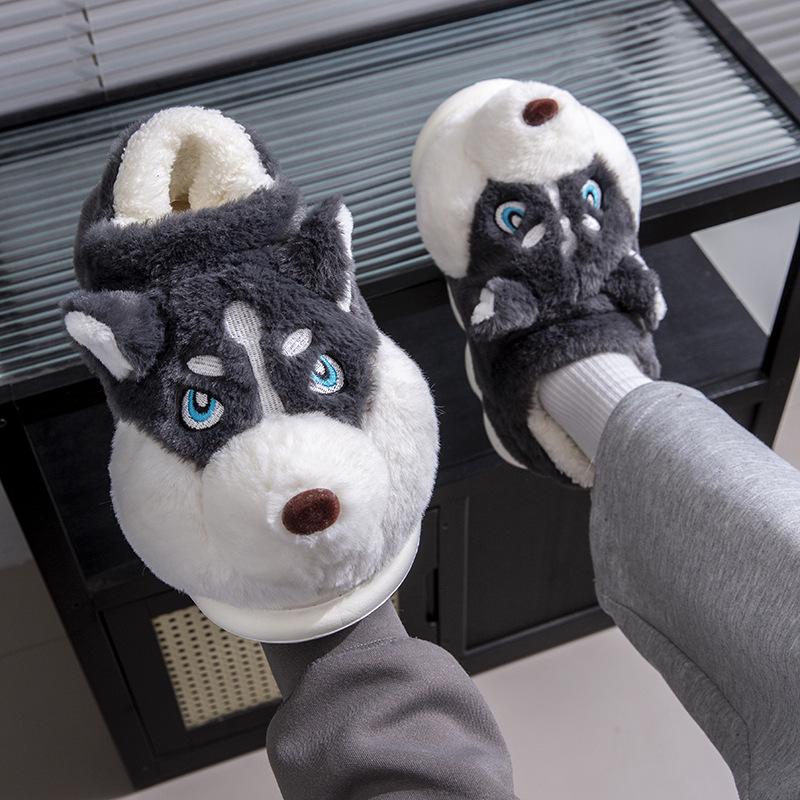 Men's Cozy Cotton Slippers - Thick Sole, Closed Heel, Cute Husky Design, Winter/Autumn Indoor & Outdoor Wear.