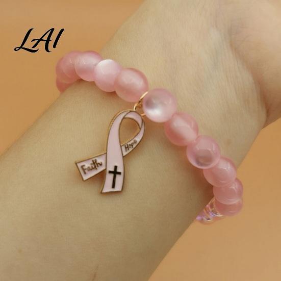 Versatile Commuting Casual Bracelet Breast Cancer Awareness Bracelets for Women Ribbon Support Ornament Charm Beaded Elastic Bracelet Encouragement