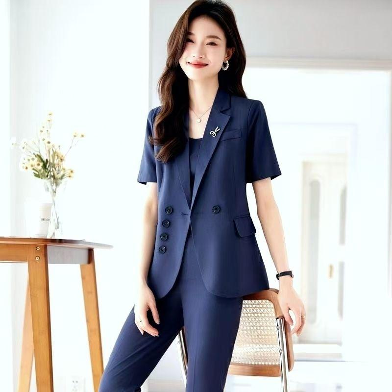 

Модный женский блейзер с коротким рукавом, летний легкий офисный повседневный элегантный приталенный профессиональный костюм XXL темно-синий