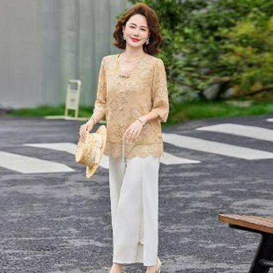 Stylish 2026 Summer Two-Piece: T-Shirt & Wide-Leg Pants for Middle-Aged Women 5XL