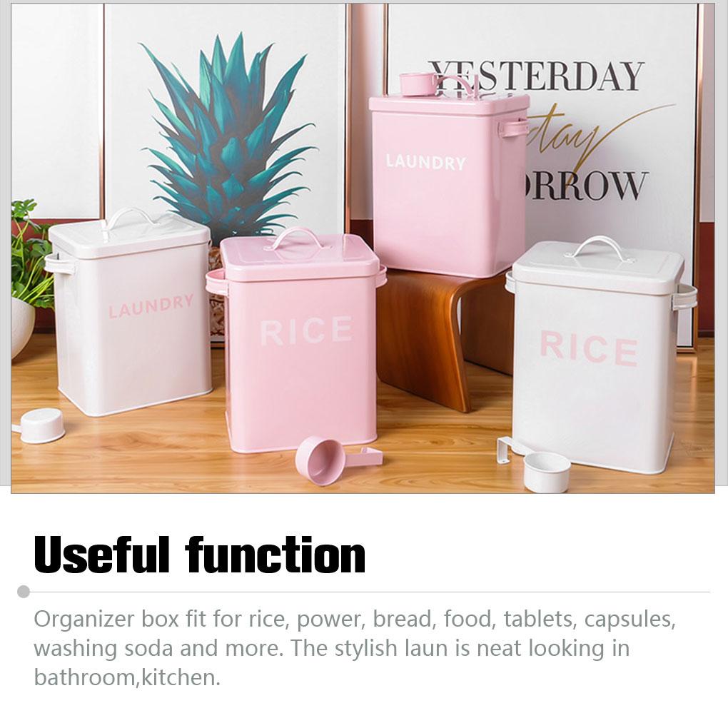 Metal Canister Rice Buckets Grain Tin Powder Laundry Powder Case Lid Scoop Insect-Proof Sealed Multipurpose Airtight
