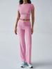 Women's Slim Fit Two Piece Outfit Set Short Sleeve Crew Neck Crop Top Drawstring Waist Straight Leg Solid Tracksuit Loungewear