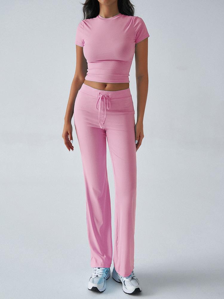 Women's Slim Fit Two Piece Outfit Set Short Sleeve Crew Neck Crop Top Drawstring Waist Straight Leg Solid Tracksuit Loungewear