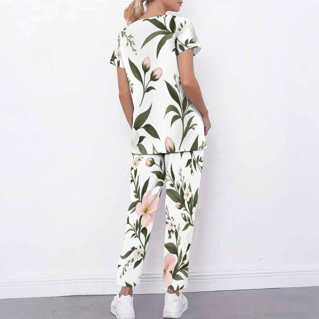 Women Plus Size White Floral Printed Scrub Set Cutout Neck Short Sleeve Pocket Top Long Pants Two Piece