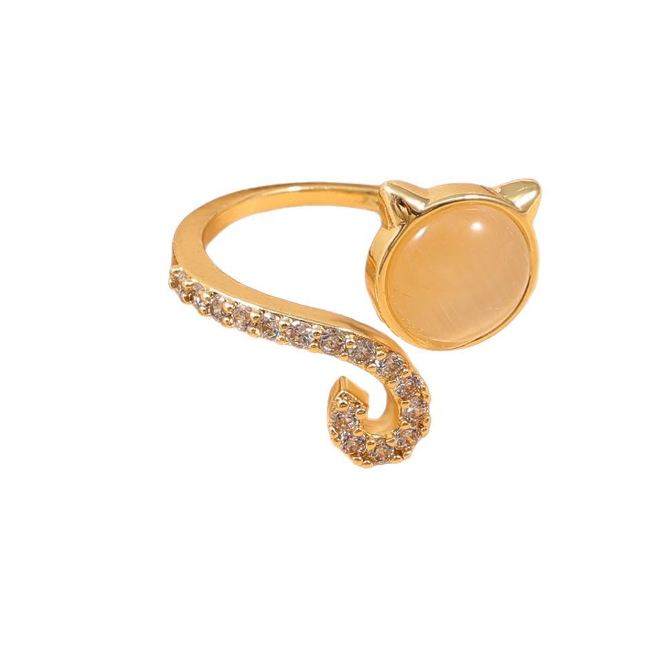 Charming Cat Ear & Eye Ring with Micro-set Diamonds - Adjustable Luxury Hand Jewelry