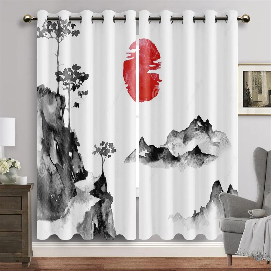 

Японский пейзаж Традиционная тушевая живопись Шторки для окон Жилая зона Спальная зона Классические оконные шторы Декор окна комнаты 2 панели 50W130H(CM)x2&Hook