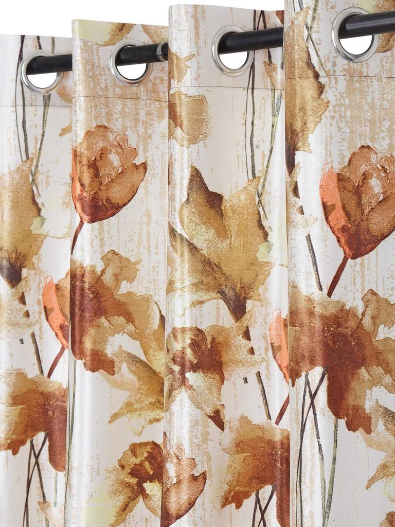 Home Sizzler 2 Pieces Abstract Flower Eyelet Polyester Semi- Transparent Door Curtains, Brown
