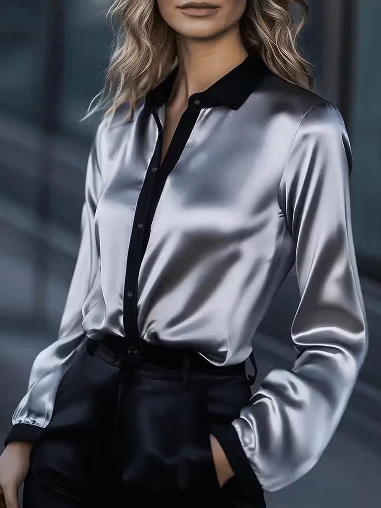 2026 Spring European & American Women's Satin Color Block Long Sleeve Shirt