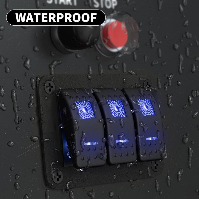 Marine Switch Panel Waterproof 12V 3 Gang Rocker Switch Panel Blue LED for Car Truck Boat RV UTV ATV RZR