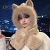 Women Winter Integrated Hat And Scarf Thick Fleece Warm Cartoon Fox Ear Decor Windproof Full Protection Outdoor Travel Cold Weather Snowboarding