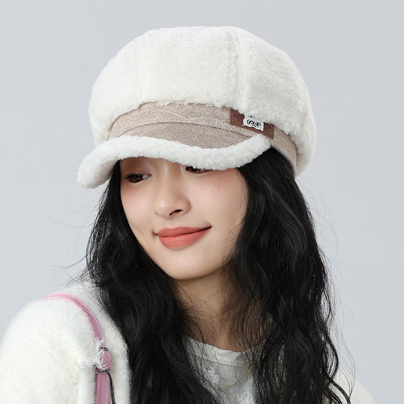 Thick Plush Stitching Octagonal Cap Women's Winter Warm Beret Ear Protection Cap