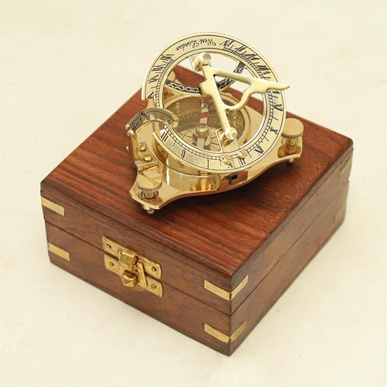 10.16 Cm Brass Sundial Compass with Wooden Box Engraving Gift Nautical Décor Handmade Steampunk Travel Compass Gift