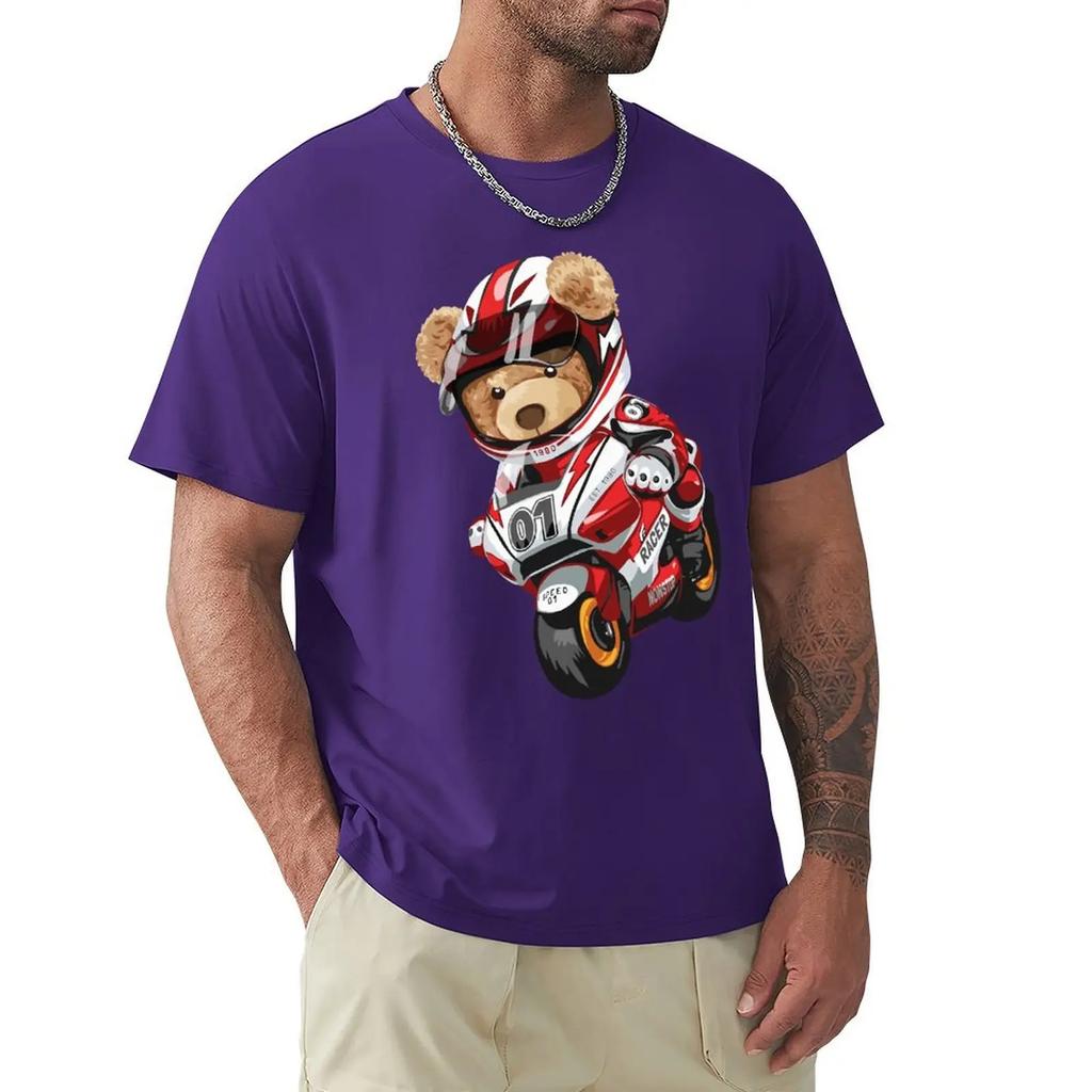 Teddy Bear Riding Racing Motorbike T Shirt Harajuku Short Sleeve T-shirt 100% Cotton Graphics Tshirt Tops