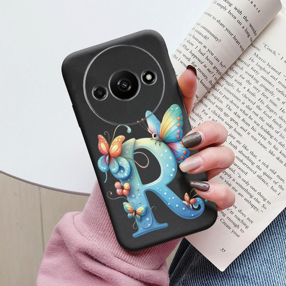 Handyhülle für Xiaomi Redmi A3 4G A3x Rosa Buchstabe Blume Schmetterling Stoßfest Weiches Silikon Cover Kameraschutz TPU Fundas