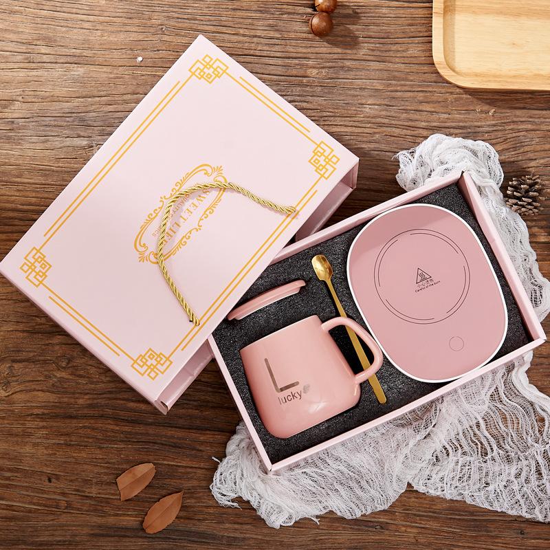 Cute cup gift set, ceramic water cup with lid and spoon, practical gift for customers, mug gift box