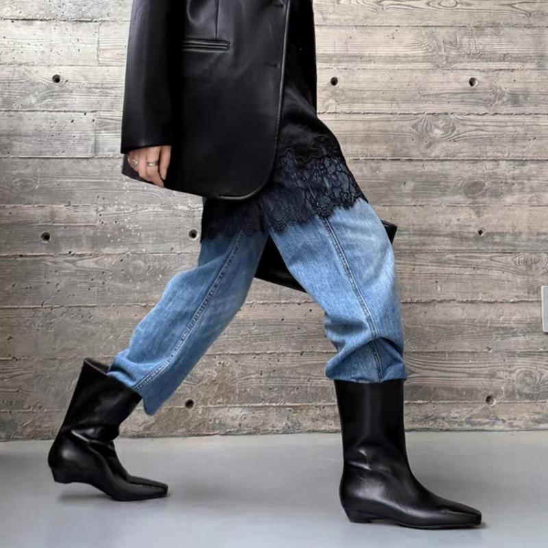 Low Heel Single Boots Autumn New Square Toe Splice Cover Foot Soft Sole Anti-Slip Wear-Resistant Short Boots