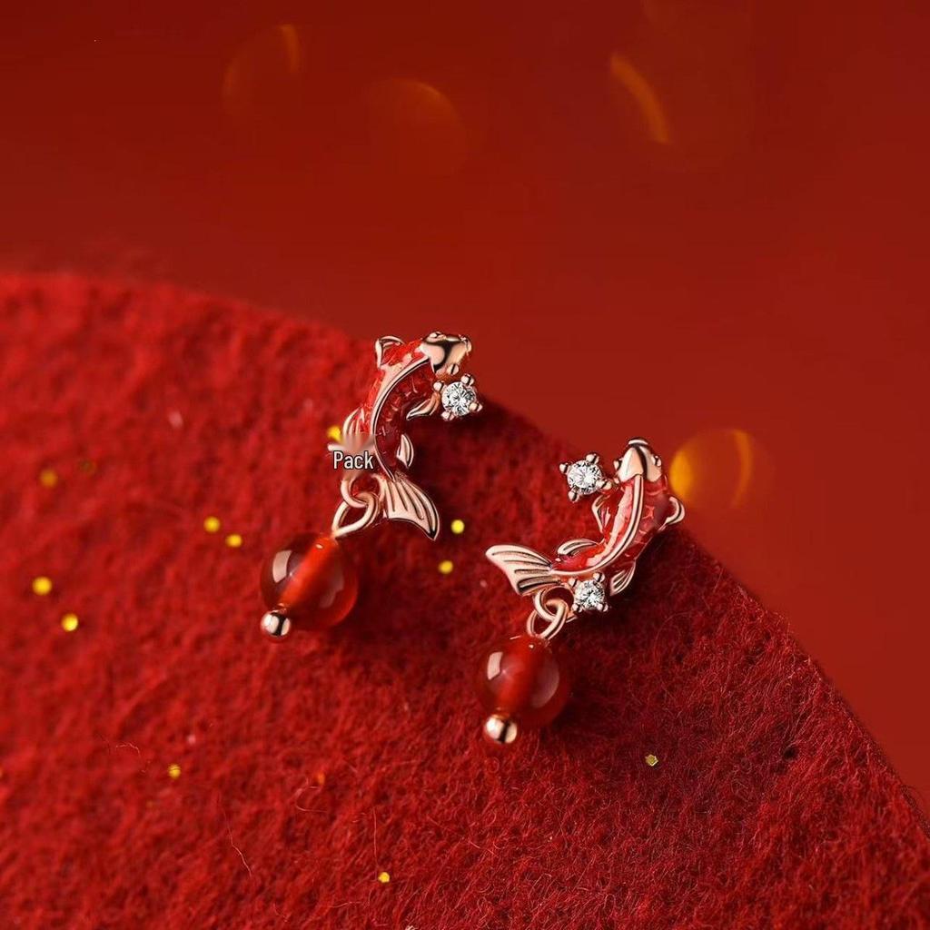 925 Sterling Silver Koi Red Agate Stud Earrings for 2026 Year of the Horse, Women's New Year Holiday Earrings