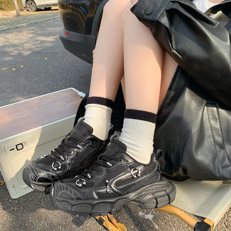 Leather dad shoes women's 2025 spring new thick-soled versatile breathable polish outdoor casual sports shoes running shoes tide