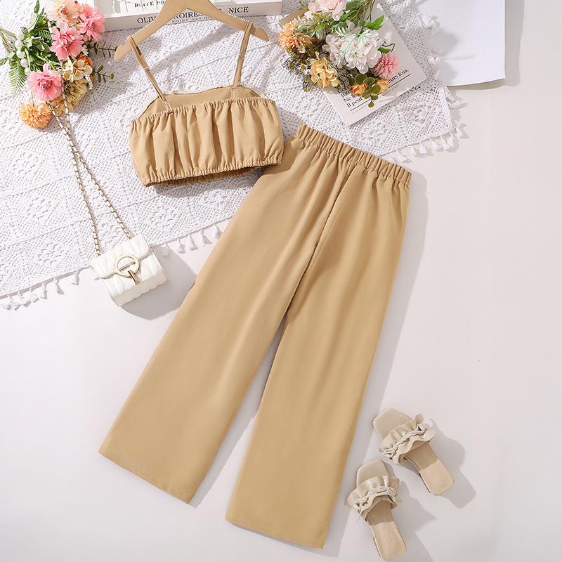 Mädchen Modeanzug 2025 Sommer Kinder Neckholder Top High Waist Weitbeinige Hose Freizeitanzug