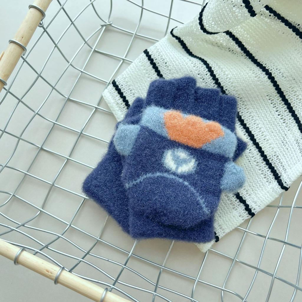 8-15 years old children's gloves cute cartoon cold-proof boys and girls knitted wool half-finger autumn and winter flip cover medium and old children