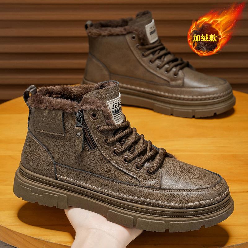 Winter Velvet High-top Martin Boots Men's Shoes New Leather Shoes Tooling Shoes Non-slip and Wear-resistant Thickened Warm Short Boots Cotton Shoes