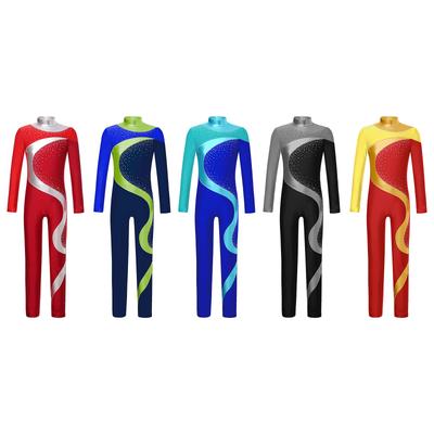 Combinaison de patinage artistique pour enfants, combinaison de gymnastique, justaucorps à manches longues, couleur contrastée métallisée, costume de danse de ballet