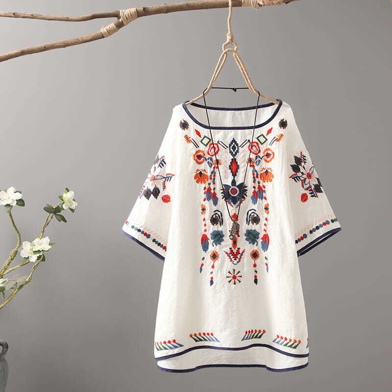 Women's Cotton Linen Casual Embroidered T-shirts Summer O Neck Short Sleeve Loose Tops
