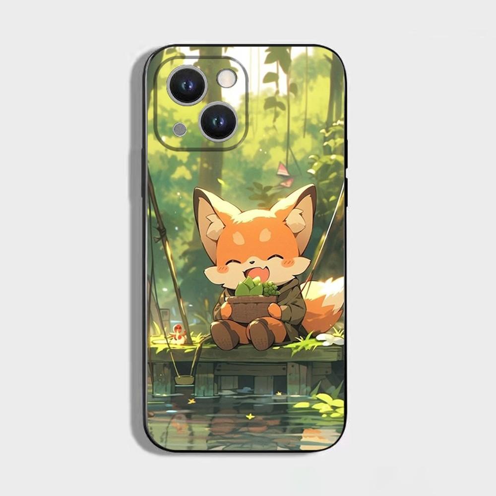 Cute Cartoon Animal Fox Phone Case For iPhone 16 15 Plus 14 13 Pro Max 12 Mini 11 X XS XR 7 8 8Plus Black Soft Phone Coque