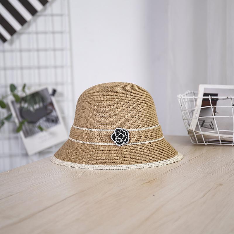 Xiaoxiangfeng Hat Straw Pot Hat Summer New Camellia Retro Bucket Hat Sunshade Sunscreen Beach Sun Hat