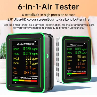 6-in-1 Luftqualitätsmessgerät Echtzeit Formaldehyd TVOC PM2.5 PM10 Kohlendioxid CO Tester HCHO Detektor für Büro Schule & Hotel