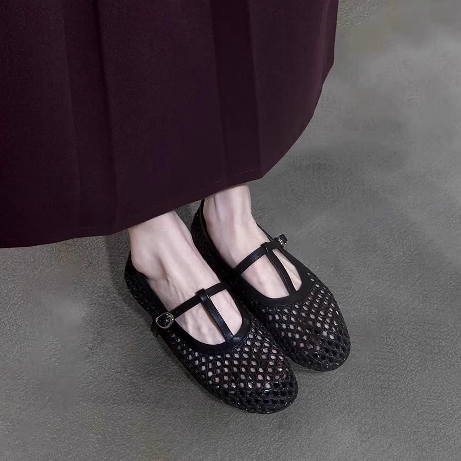 Sheepskin Version~ Hollow and Breathable Outer Wear Summer Mary Jane Sandals Women's One-word Small Single Shoes with Round Head, Shallow Mouth and