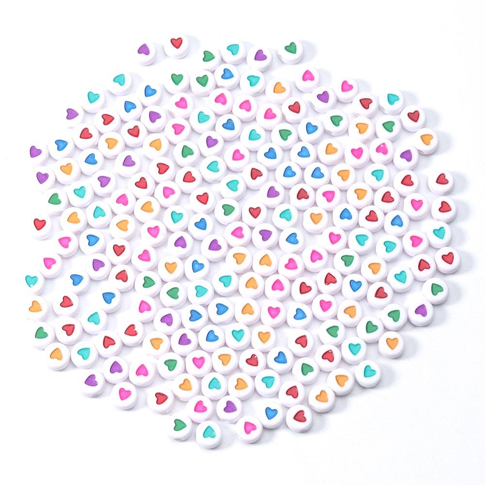 100Pcs 7mm Acrylic Flat Round Beads Colorful Heart Pattern Loose Spacer Beads For DIY Bracelets Earrings Making Supplies