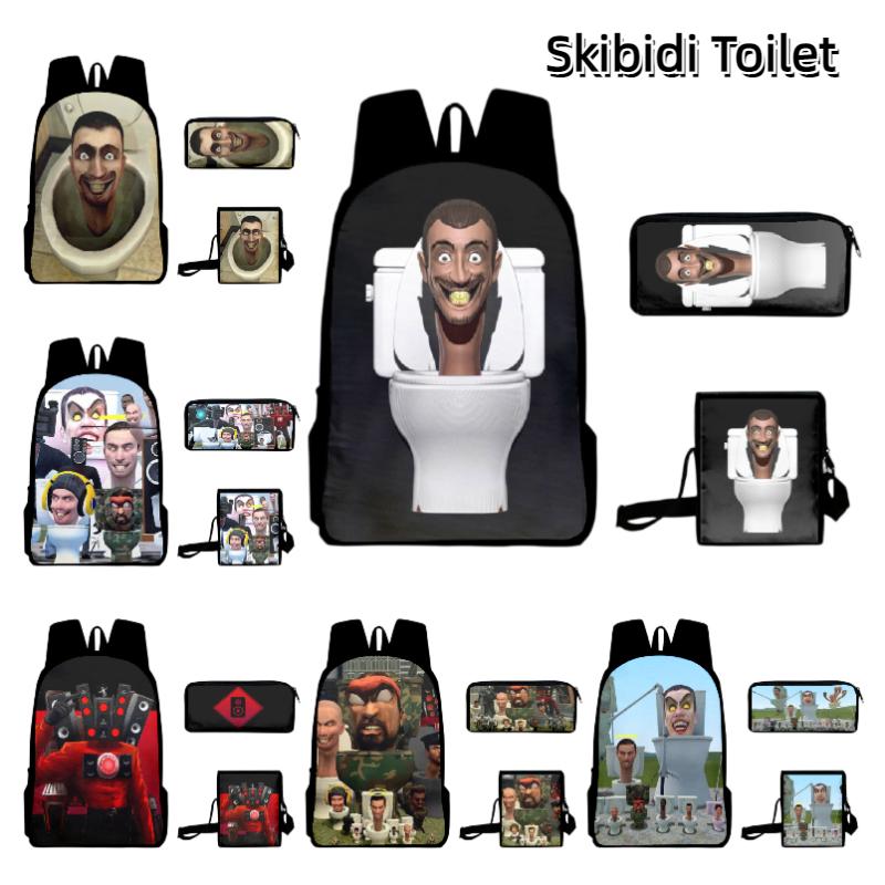 Cartoon Toilet Skibidi Backpack Pencil Case Large Capacity Schoolbag Travel Bag