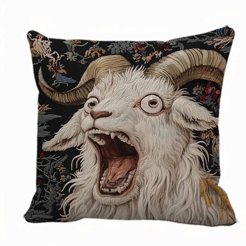 Gothic Dark Pillow Cover Art Goat Cushion Cover Creepy Ram Throw Pillowcase For Sofa Living Room Vintage Home Decor Peach Skin