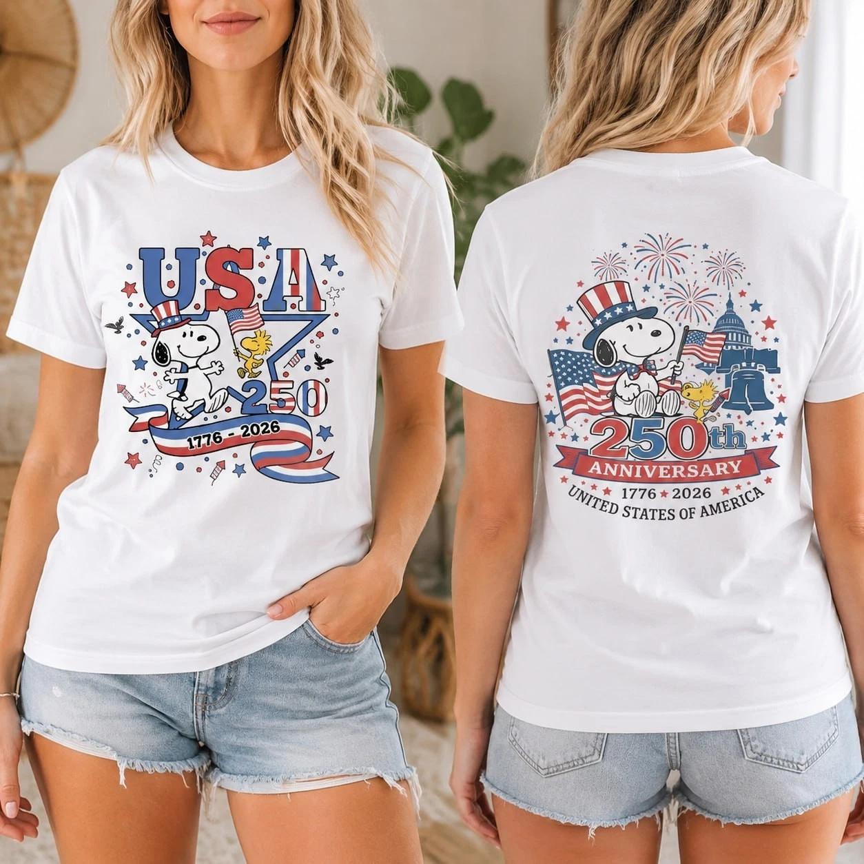 Snoopy USA 250th Anniversary Front Back Graphic T Shirt S-5XL S