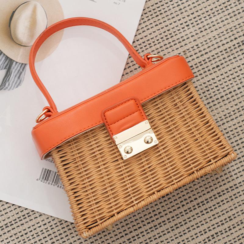 Trend Women's Straw Square Bags Handmade Woven Tote PU Leather Top Handle Rattan Purses Boxes Lady Summer Beach Basket Bags