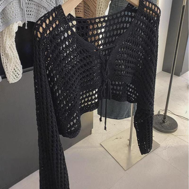 Hollow short knitted sunscreen cardigan women's summer explosion pure lace-up lazy shawl shirt