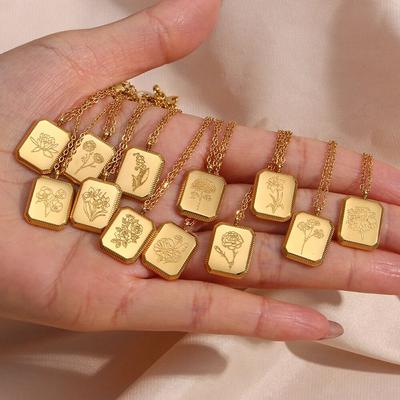 Design Cute Square Month Flower Birthstone Necklaces For Women Stainless Steel Gold Plated Flower Necklace