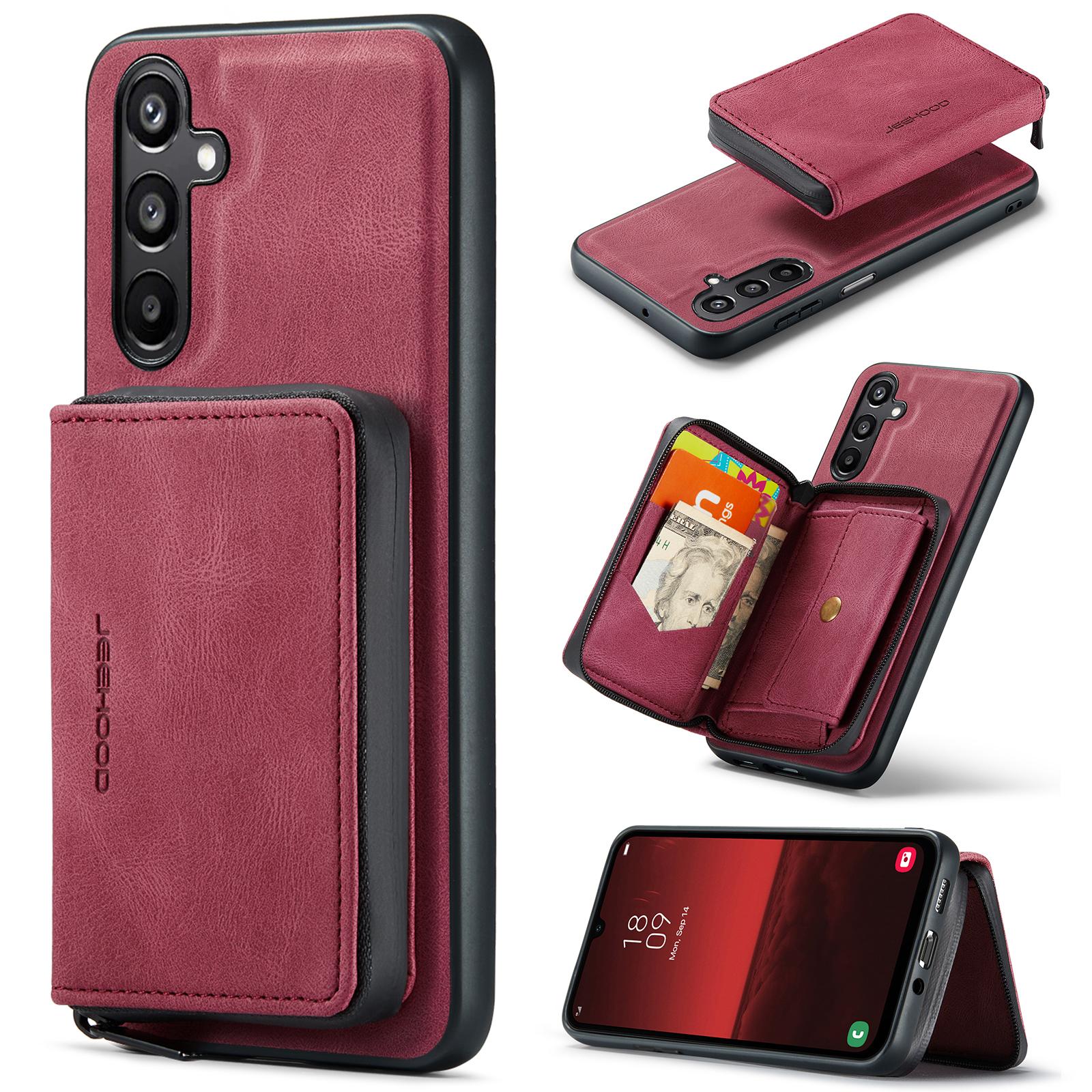 

For Samsung Galaxy A16 5G Case JEEHOOD J02 Leather Back Cover with Detachable Zipper Card Holder Kickstand Red