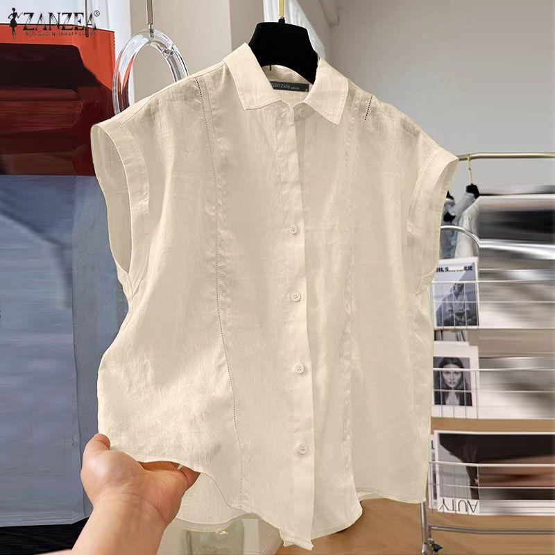 ZANZEA Women Lapel Neck Sleeveless Buttons Up Solid Casual Tank Tops