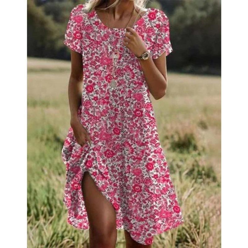 Summer Bohemian Dresses For Women V Neck Short Sleeve Flower Printed Beach Holiday Dress Women Maxi Dresses Boho