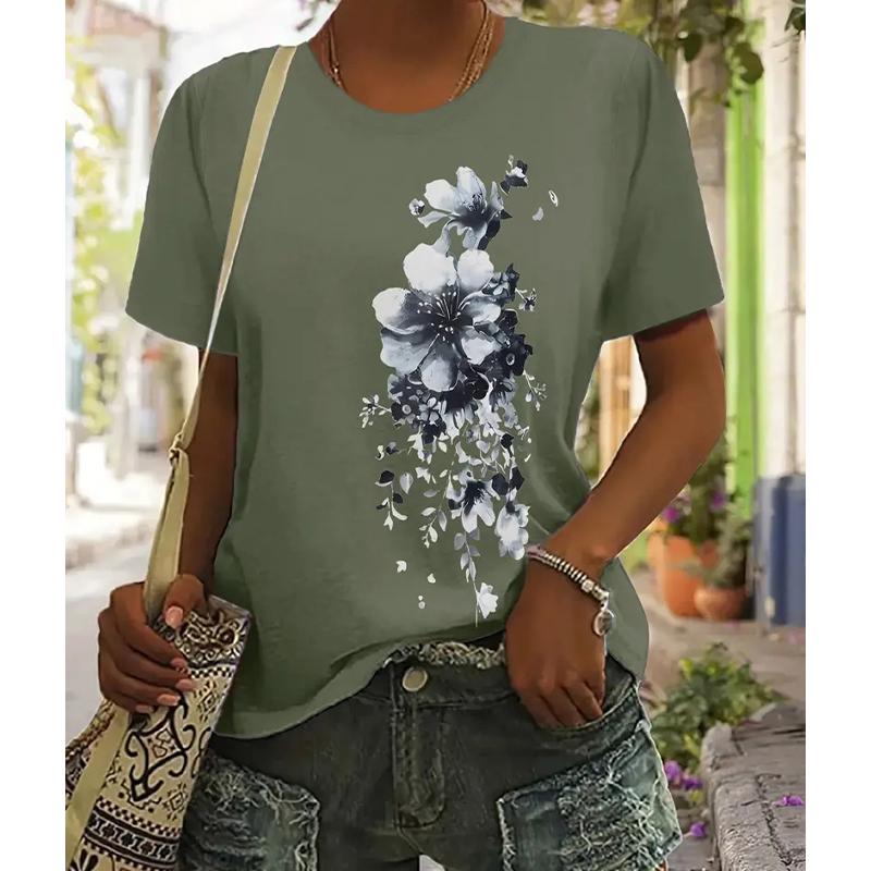 

Women Summer T Shirt Retro Fashion Short Sleeve Tees Casual Flower Printed Tops XS зелений